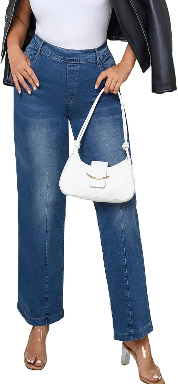 HBER Mid Waist Jeans for Women Stretchy Wide Leg Pants Elastic Waist Straight Leg Mid Rise Casual Baggy Stretch Pull On Jeans