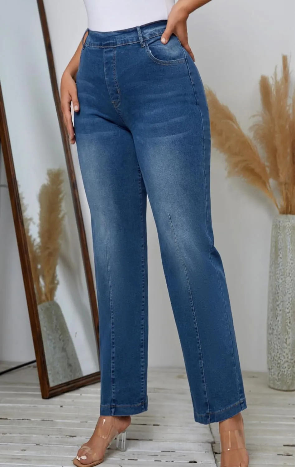 HBER Mid Waist Jeans for Women Stretchy Wide Leg Pants Elastic Waist Straight Leg Mid Rise Casual Baggy Stretch Pull On Jeans