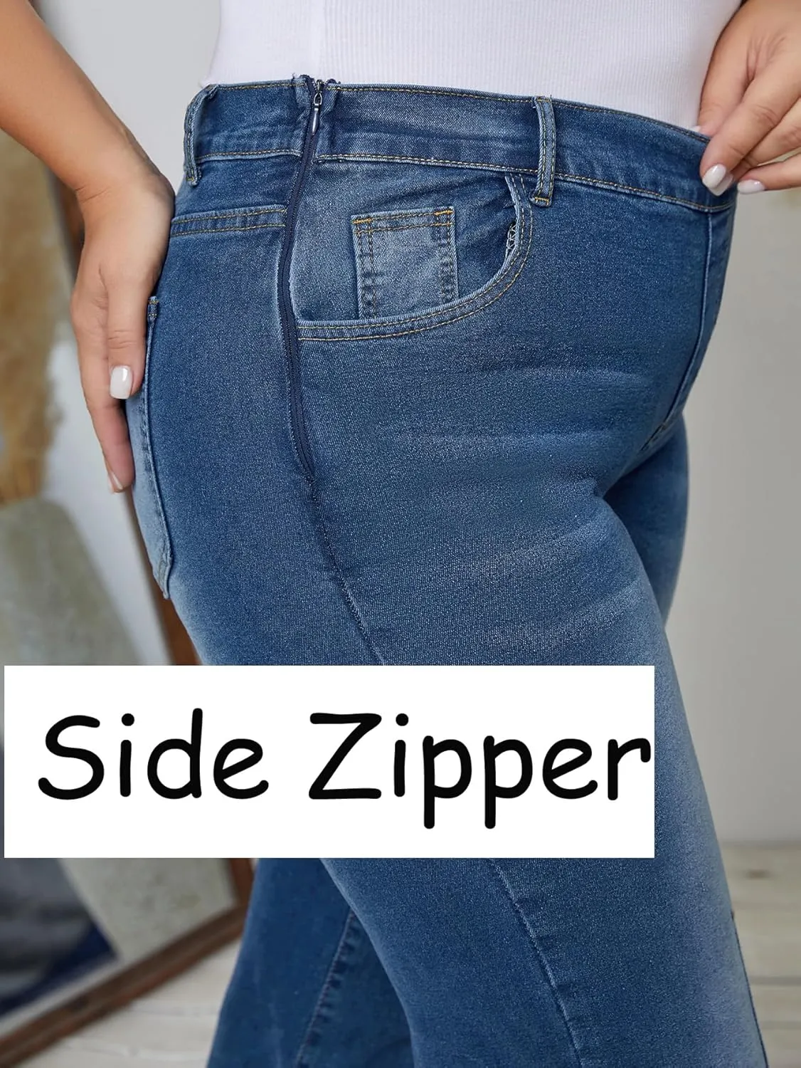 HBER Mid Waist Jeans for Women Stretchy Wide Leg Pants Elastic Waist Straight Leg Mid Rise Casual Baggy Stretch Pull On Jeans