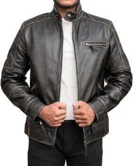 HIGOBO Cafe Racer Vintage Slim Fit Distressed Mens Motorcycle Biker Leather Jacket