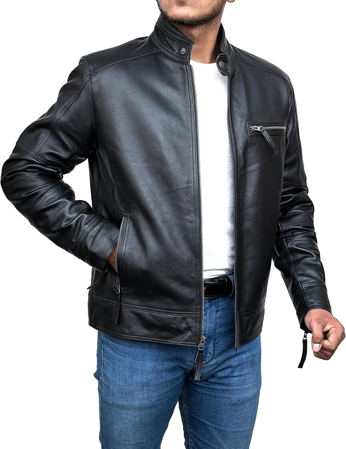 HIGOBO Cafe Racer Vintage Slim Fit Distressed Mens Motorcycle Biker Leather Jacket