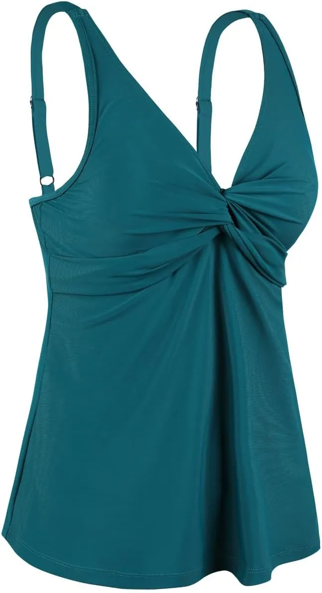 Hilor Women's Underwire Tankini Top Bathing Suit Front Twist V Neck Swimsuit Top Flowy Swimwear Top Only