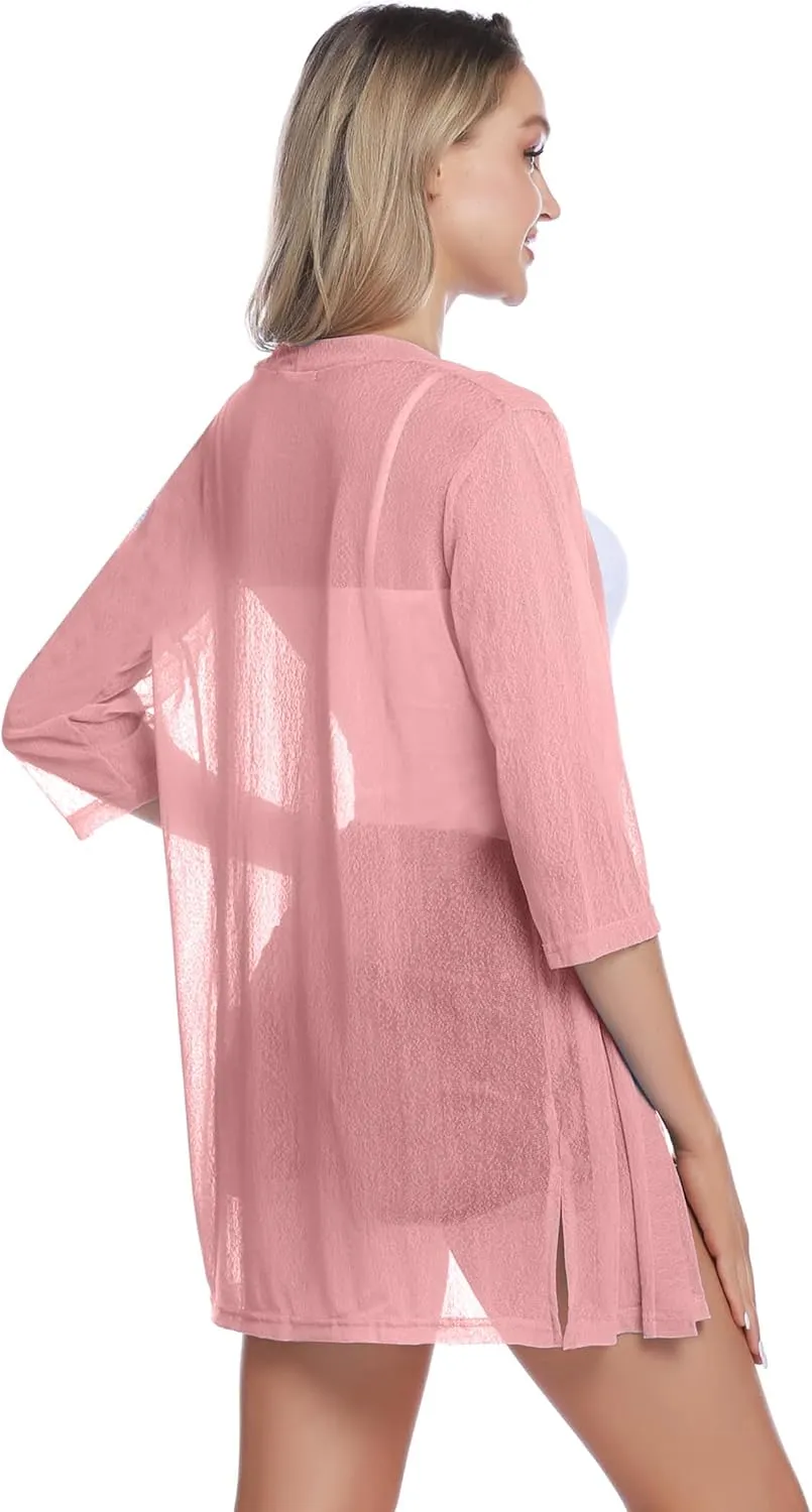 iClosam Women Casual 3/4 Sleeve Sheer Open Front Cardigan Sweater Kimono