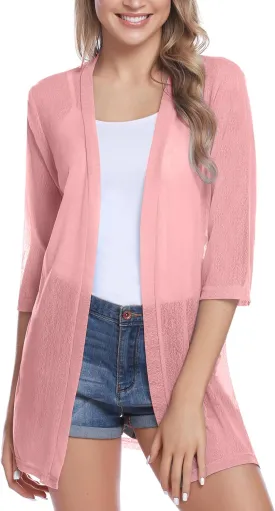 iClosam Women Casual 3/4 Sleeve Sheer Open Front Cardigan Sweater Kimono
