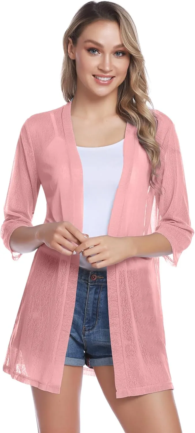 iClosam Women Casual 3/4 Sleeve Sheer Open Front Cardigan Sweater Kimono