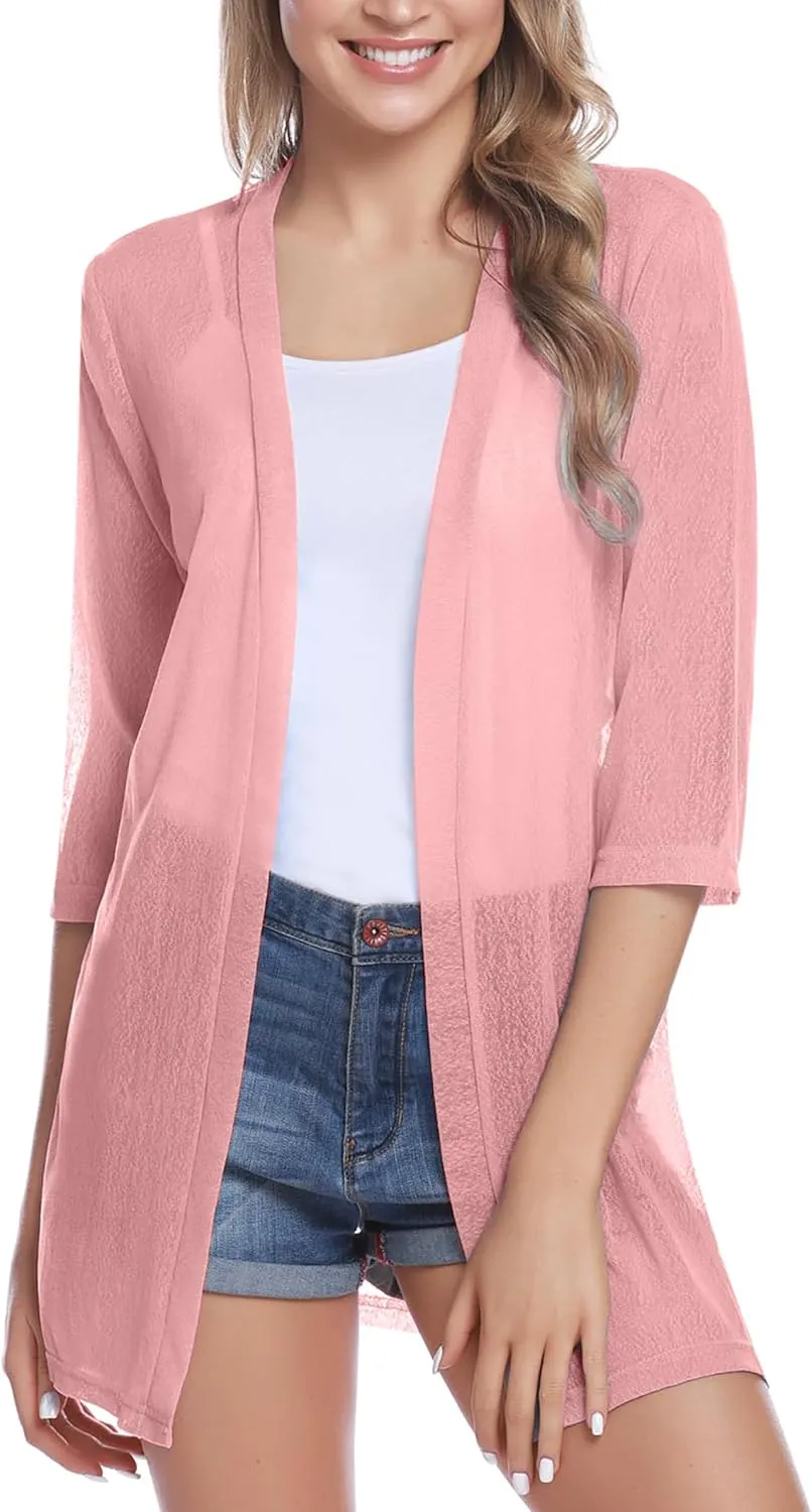iClosam Women Casual 3/4 Sleeve Sheer Open Front Cardigan Sweater Kimono