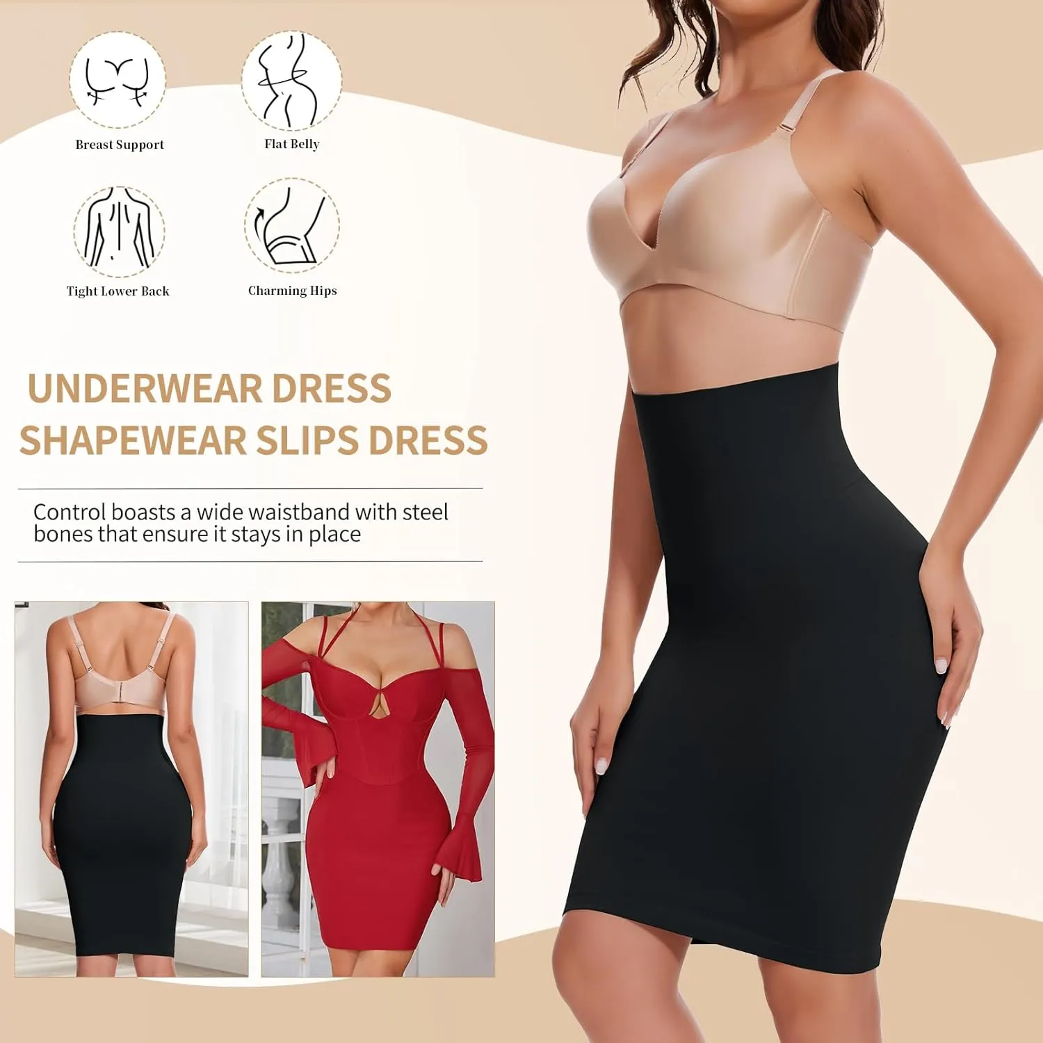 JOYSHAPER Half Slips Shapewear Skirt Under Dress Tummy Control High Waist Shapewear Half Skirt With Built In Thong