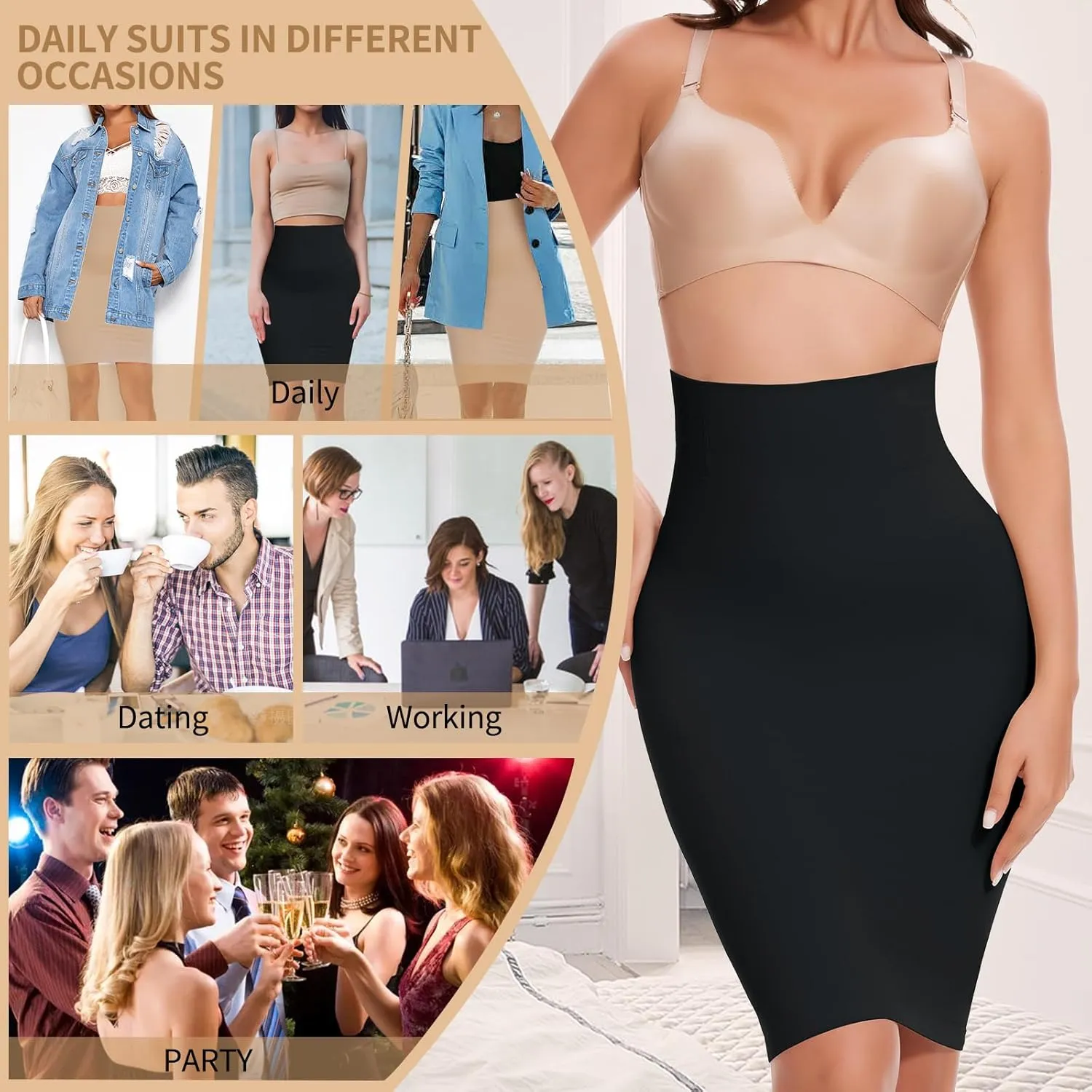 JOYSHAPER Half Slips Shapewear Skirt Under Dress Tummy Control High Waist Shapewear Half Skirt With Built In Thong