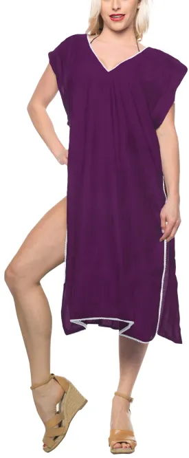 LA LEELA Bikini Swim Beach wear Swimsuit Cover ups Women Caftan Dress Solid OSFM 8-14 [M- L] Violet_B980