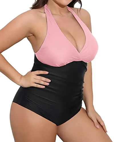Ladies Tummy Control Ruched Backless One Piece Swimwear-Pink And Black