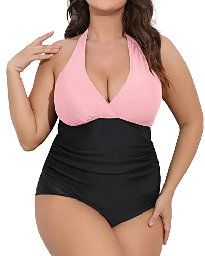 Ladies Tummy Control Ruched Backless One Piece Swimwear-Pink And Black