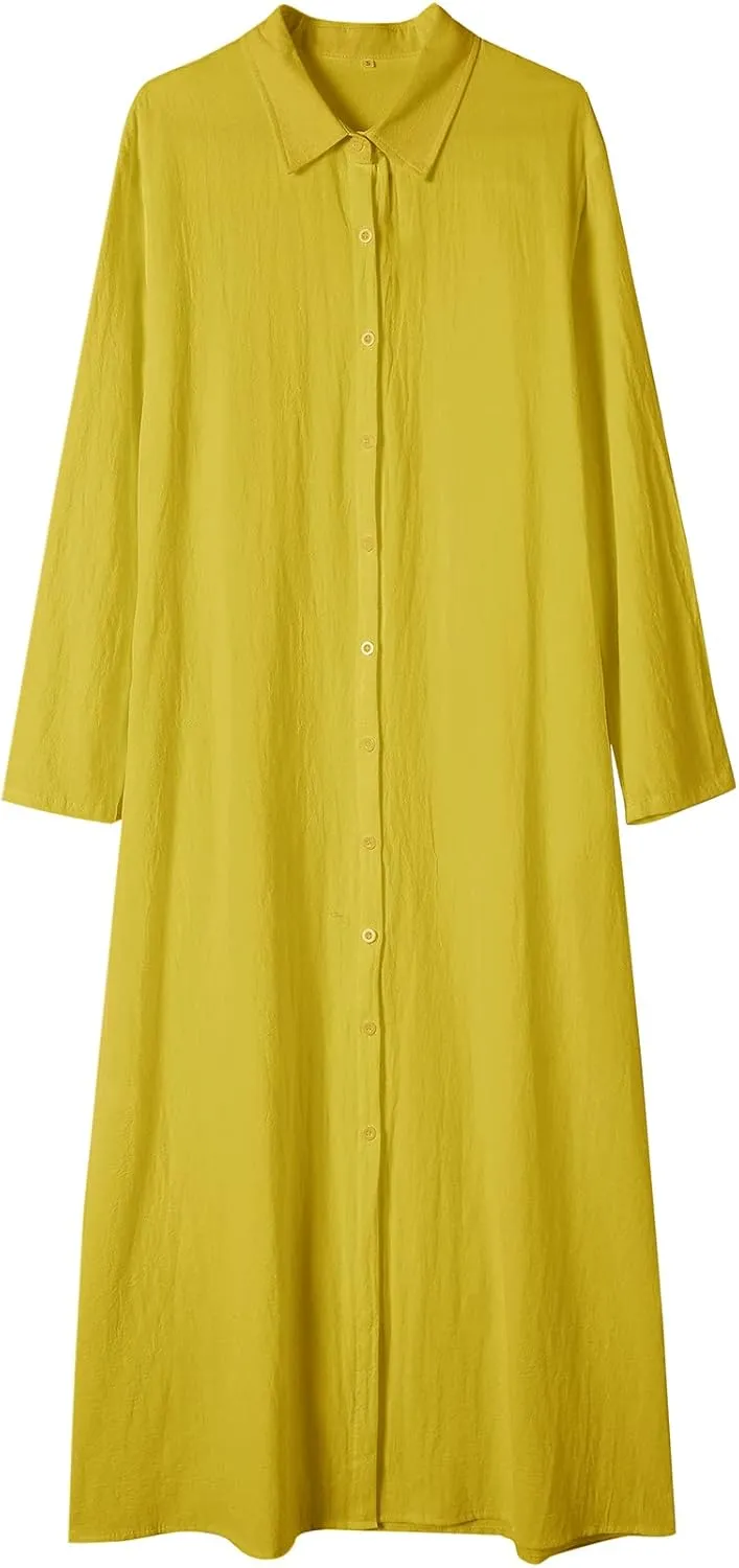 Ladyful Women's Button Down Cotton Linen Shirt Dress Long Sleeve Maxi Shirtdress Beach Summer Dress Pockets