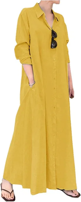 Ladyful Women's Button Down Cotton Linen Shirt Dress Long Sleeve Maxi Shirtdress Beach Summer Dress Pockets
