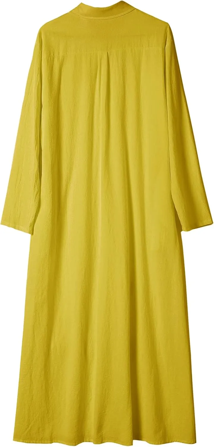Ladyful Women's Button Down Cotton Linen Shirt Dress Long Sleeve Maxi Shirtdress Beach Summer Dress Pockets