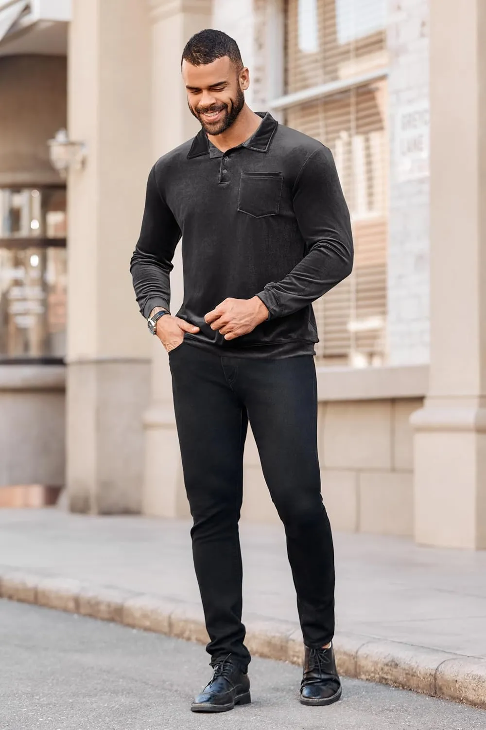 Men's Long Sleeve Polo Shirts Casual Velvet Shirt Real Pocket Business Fall Velour T-Shirt