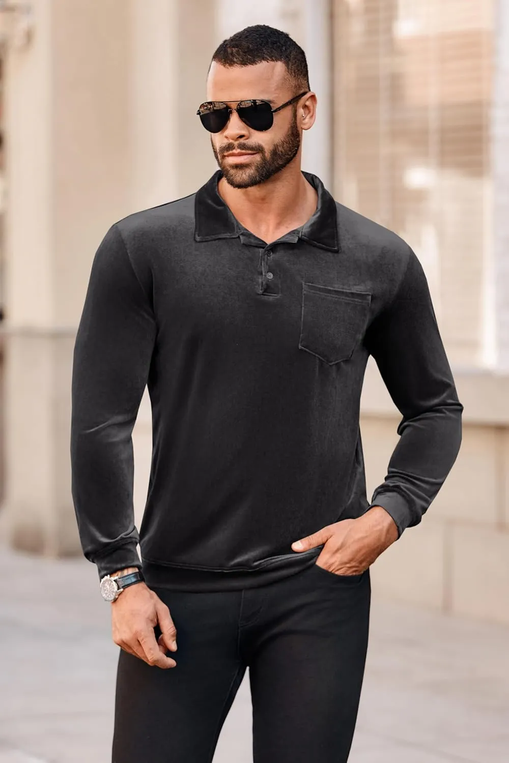 Men's Long Sleeve Polo Shirts Casual Velvet Shirt Real Pocket Business Fall Velour T-Shirt