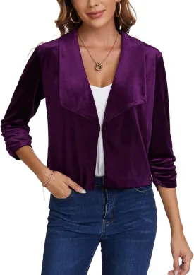 MINTLIMIT Women's Casual Velvet Blazer Jackets 3/4 Ruched Sleeve Shawl Collar Draped Open Front Fall Velvet Blazers