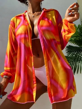 New Summer Beach Cover Up Sheer Mesh Printed Sunscreen Shirt Long Sleeve Beach Sun Protection Clothing
