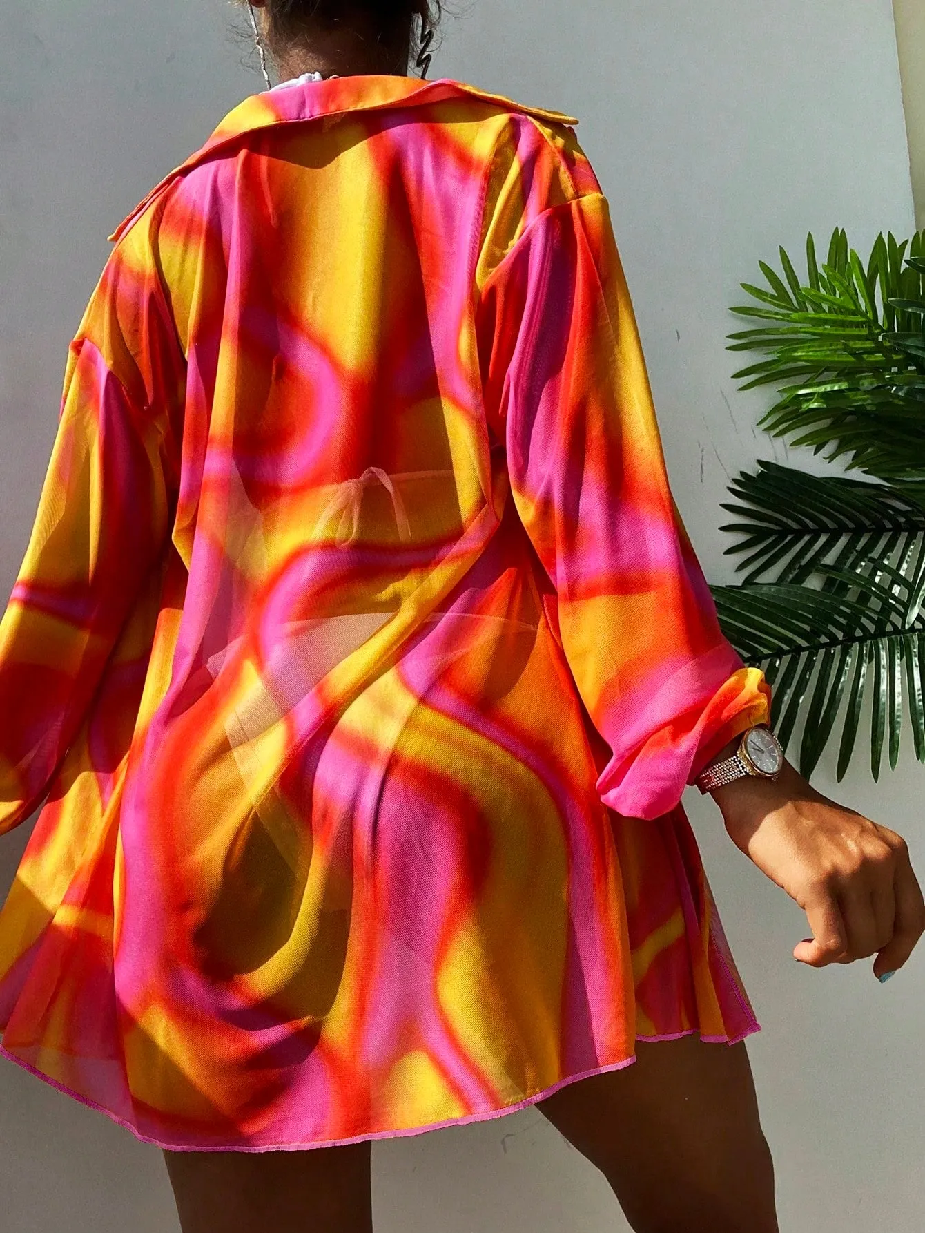 New Summer Beach Cover Up Sheer Mesh Printed Sunscreen Shirt Long Sleeve Beach Sun Protection Clothing