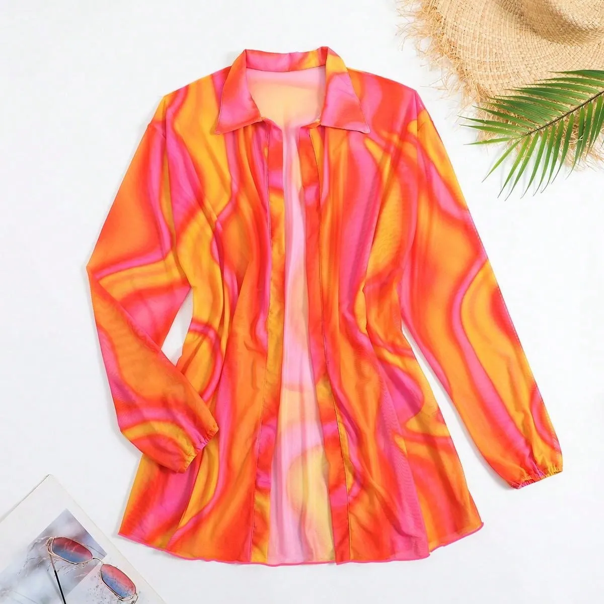 New Summer Beach Cover Up Sheer Mesh Printed Sunscreen Shirt Long Sleeve Beach Sun Protection Clothing