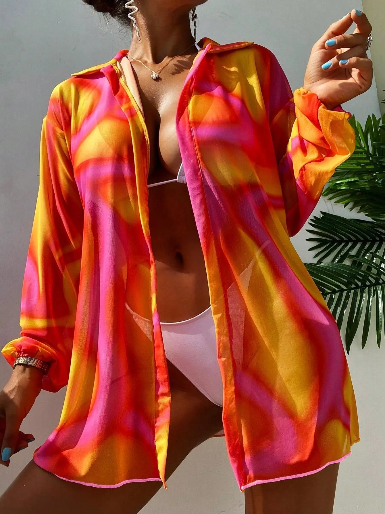 New Summer Beach Cover Up Sheer Mesh Printed Sunscreen Shirt Long Sleeve Beach Sun Protection Clothing