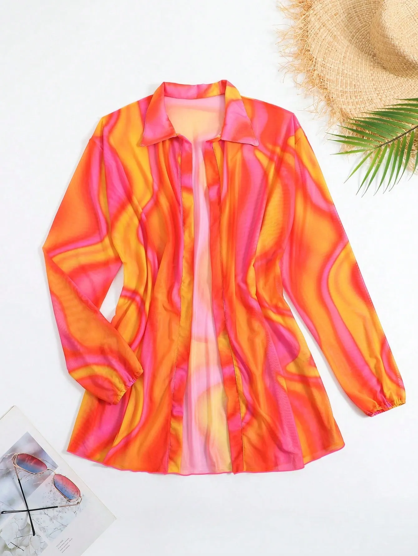 New Summer Beach Cover Up Sheer Mesh Printed Sunscreen Shirt Long Sleeve Beach Sun Protection Clothing
