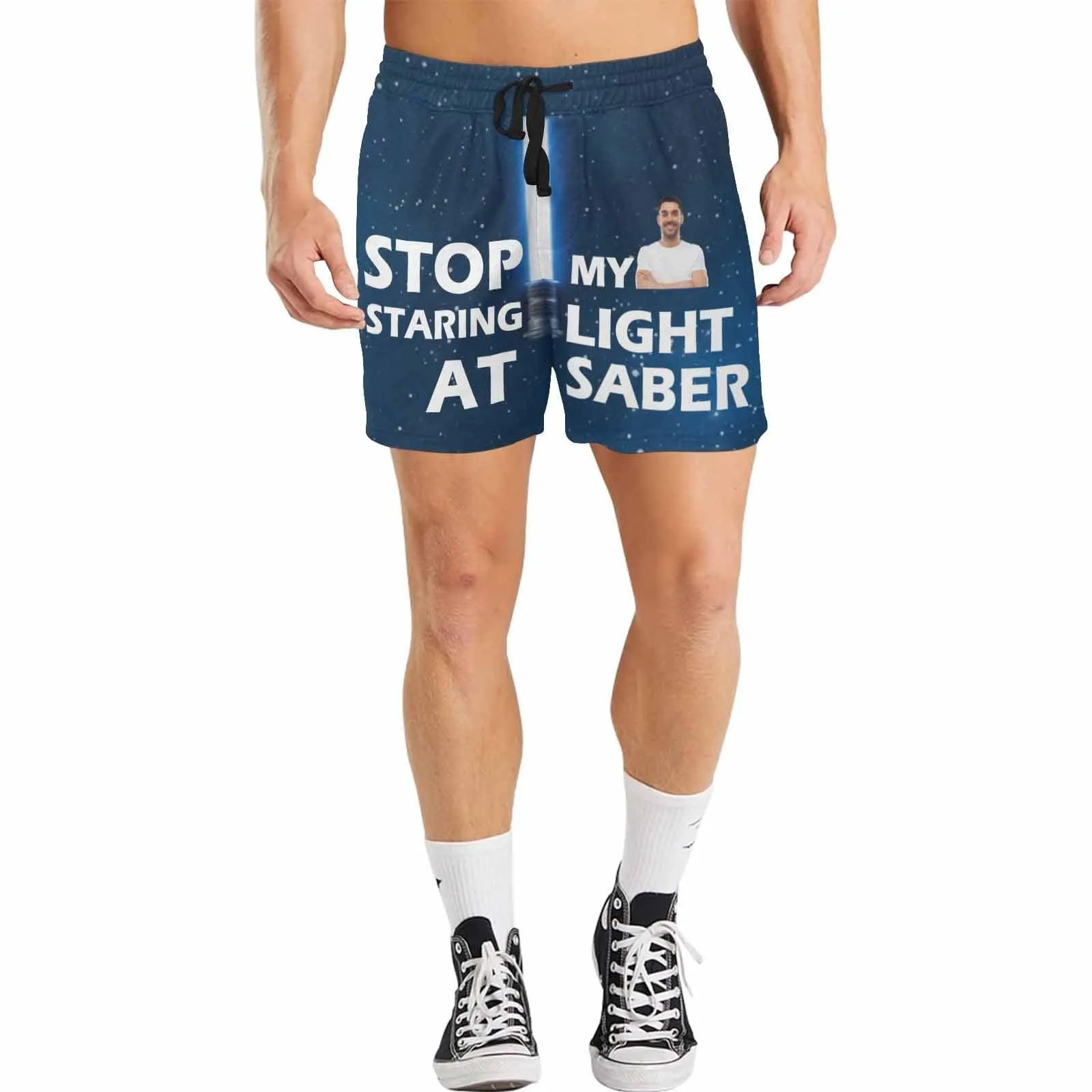 Personalized Swim Trunks Custom Photo Stop Staring At My Light Saber Men's Quick Dry Swim Shorts