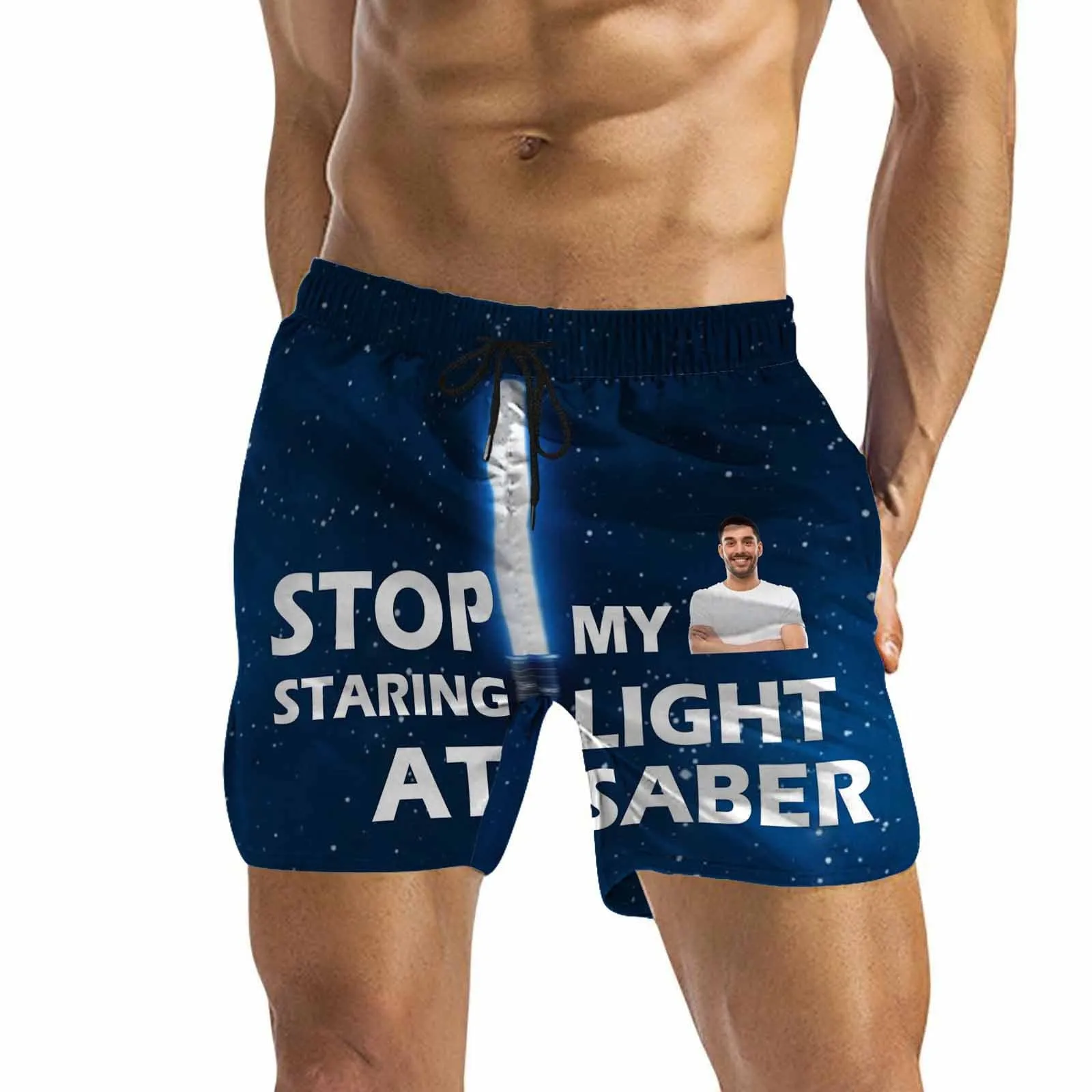 Personalized Swim Trunks Custom Photo Stop Staring At My Light Saber Men's Quick Dry Swim Shorts
