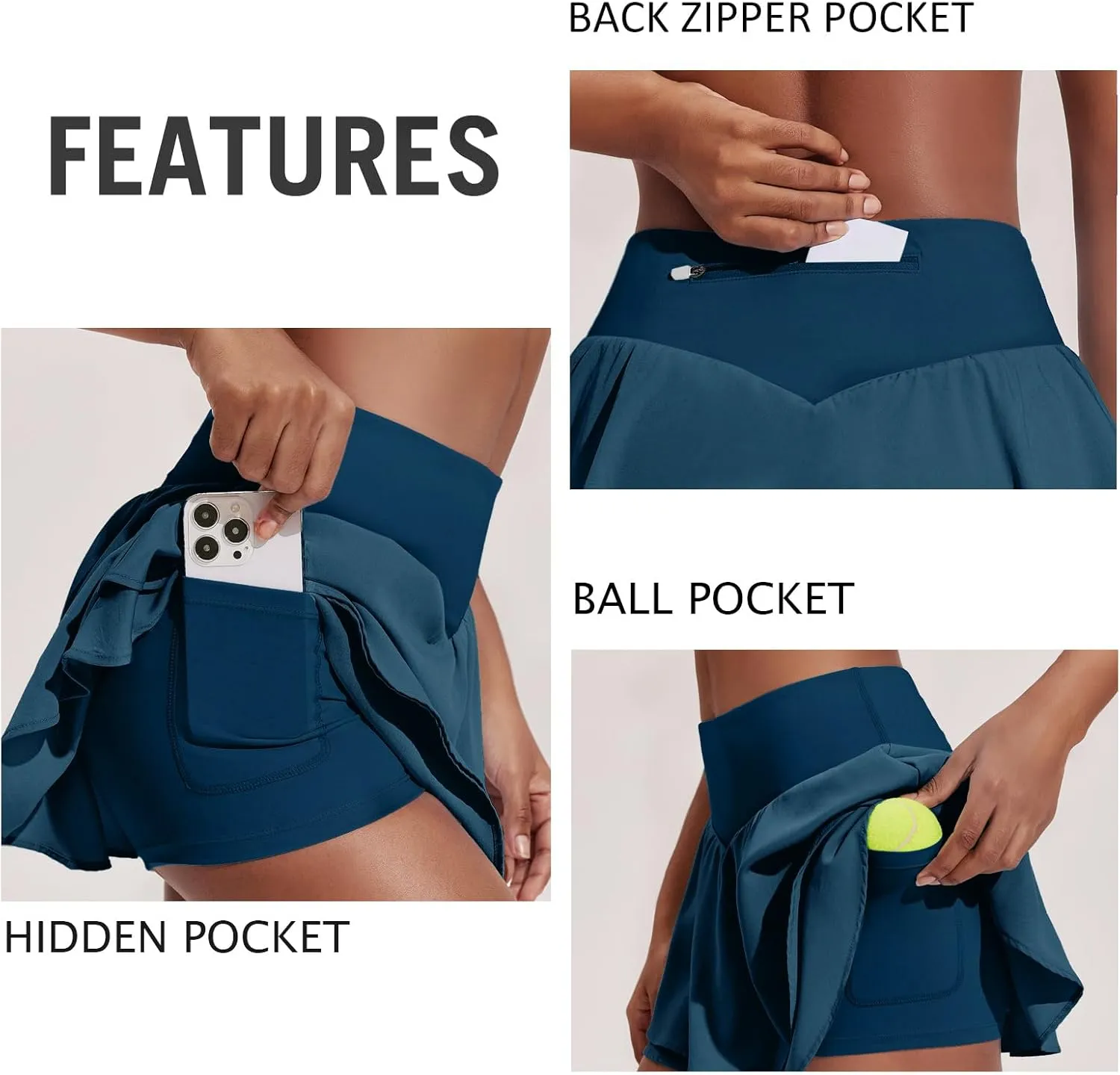 PINSPARK Womens Pleated Tennis Skirt Double Ruffle Golf Skort Tummy Control Athletic Skirts with 3 Pockets Workout Pickleball