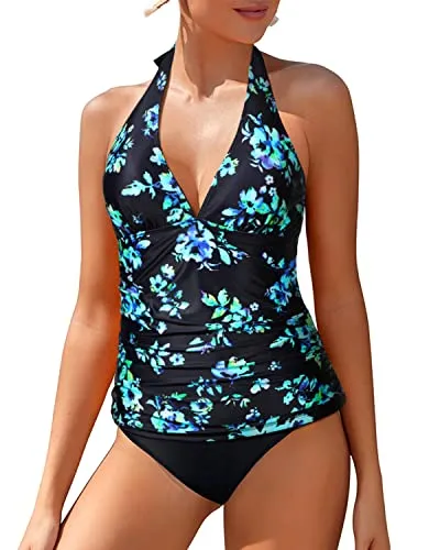 Pregnant Women Cover Belly Two Piece Tankini Swimsuit-Black Blue Floral