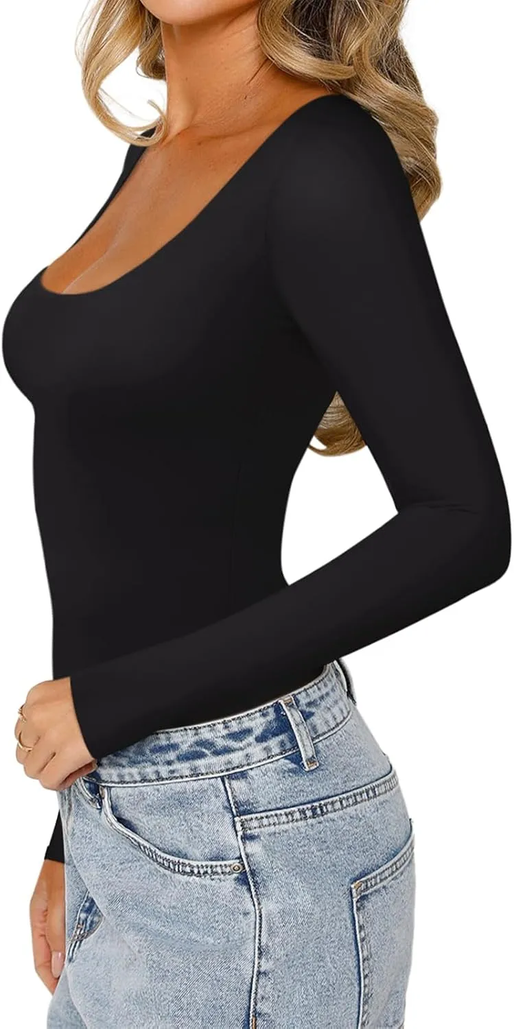 REORIA Women's Sexy Basic Sexy Scoop Long Sleeve Double Lined Layering Slim Bodysuit Tops