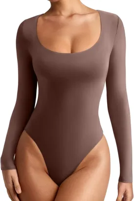 REORIA Women's Sexy Basic Sexy Scoop Long Sleeve Double Lined Layering Slim Bodysuit Tops