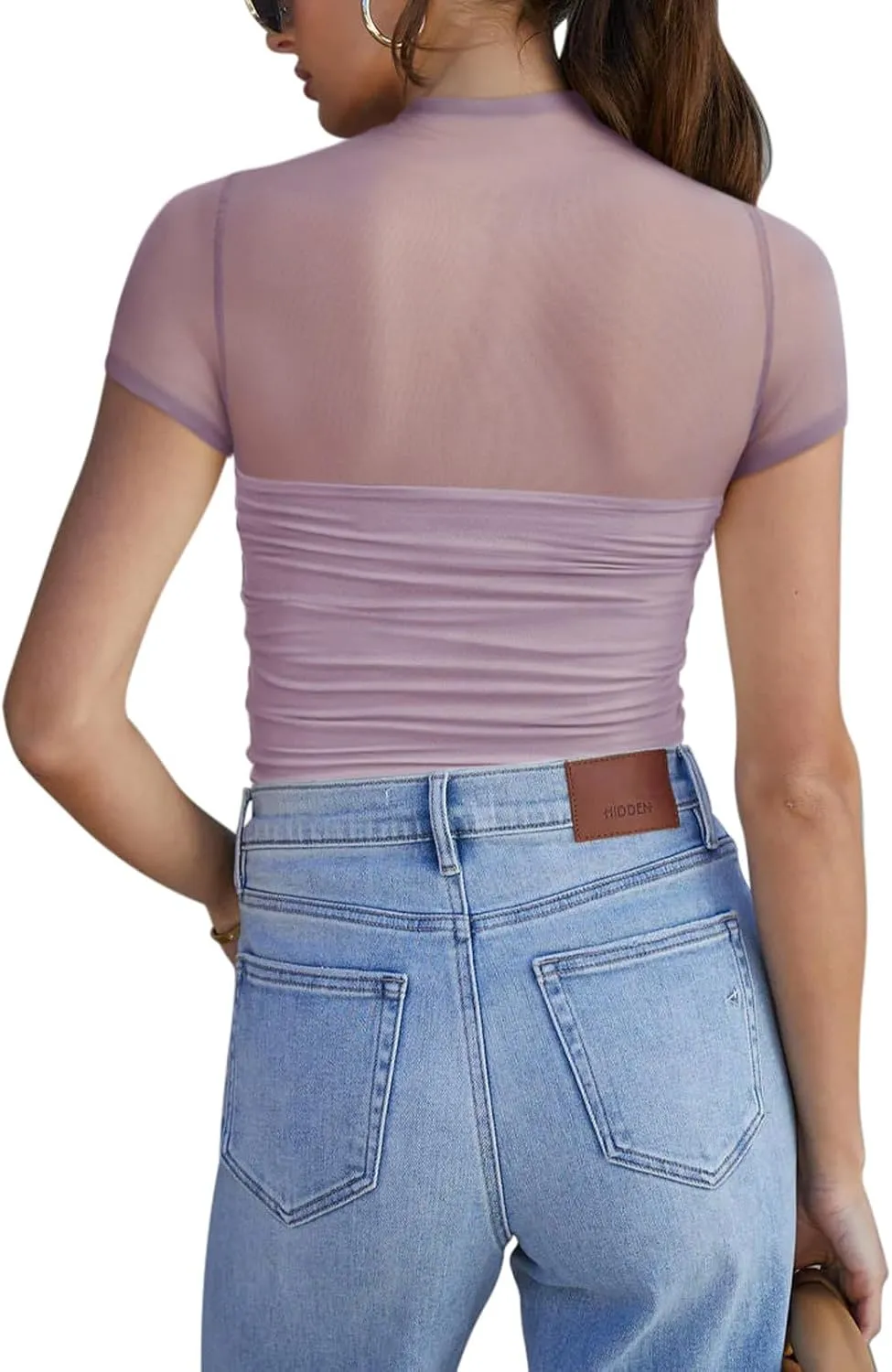 REORIA Women's Sexy Mock Turtle Neck Short Sleeve Shirts Sheer Mesh Ruched Trendy Going Out Bodysuits Tops