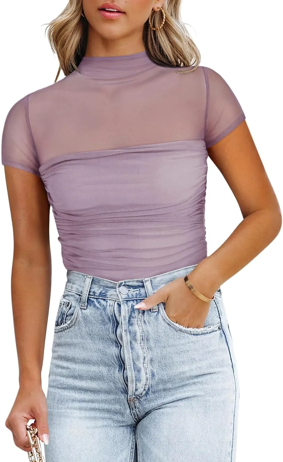 REORIA Women's Sexy Mock Turtle Neck Short Sleeve Shirts Sheer Mesh Ruched Trendy Going Out Bodysuits Tops