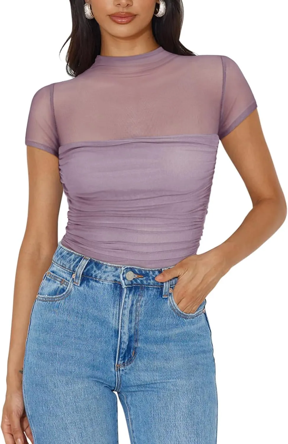 REORIA Women's Sexy Mock Turtle Neck Short Sleeve Shirts Sheer Mesh Ruched Trendy Going Out Bodysuits Tops