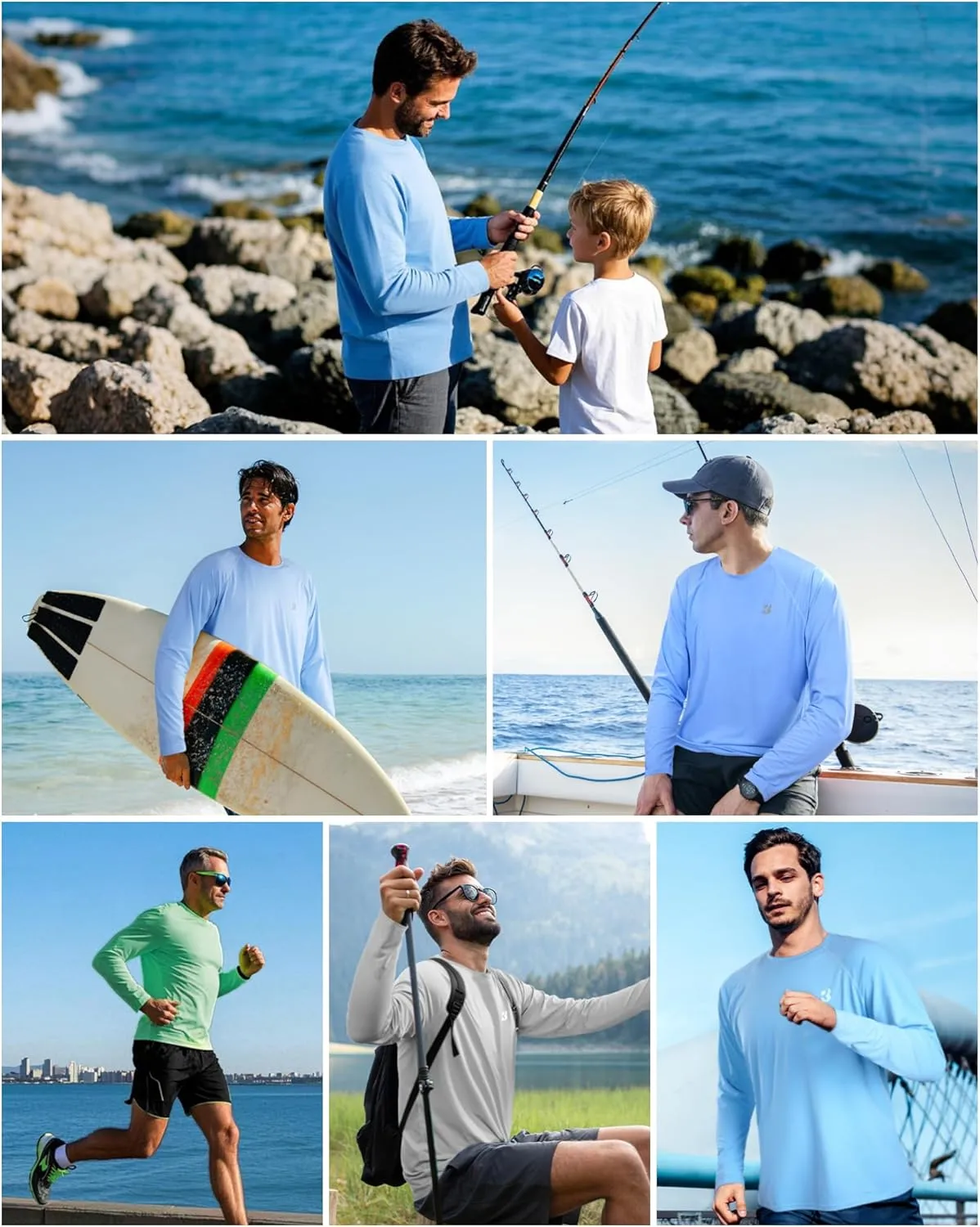 Roadbox Men's UPF 50  Rash Guard Long Sleeve, Cool Dry UV Sun Protection Water T-Shirts, Lightweight Fishing Hiking Shirts