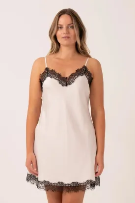 Satin Lace Trim Slip Nightie - Nude