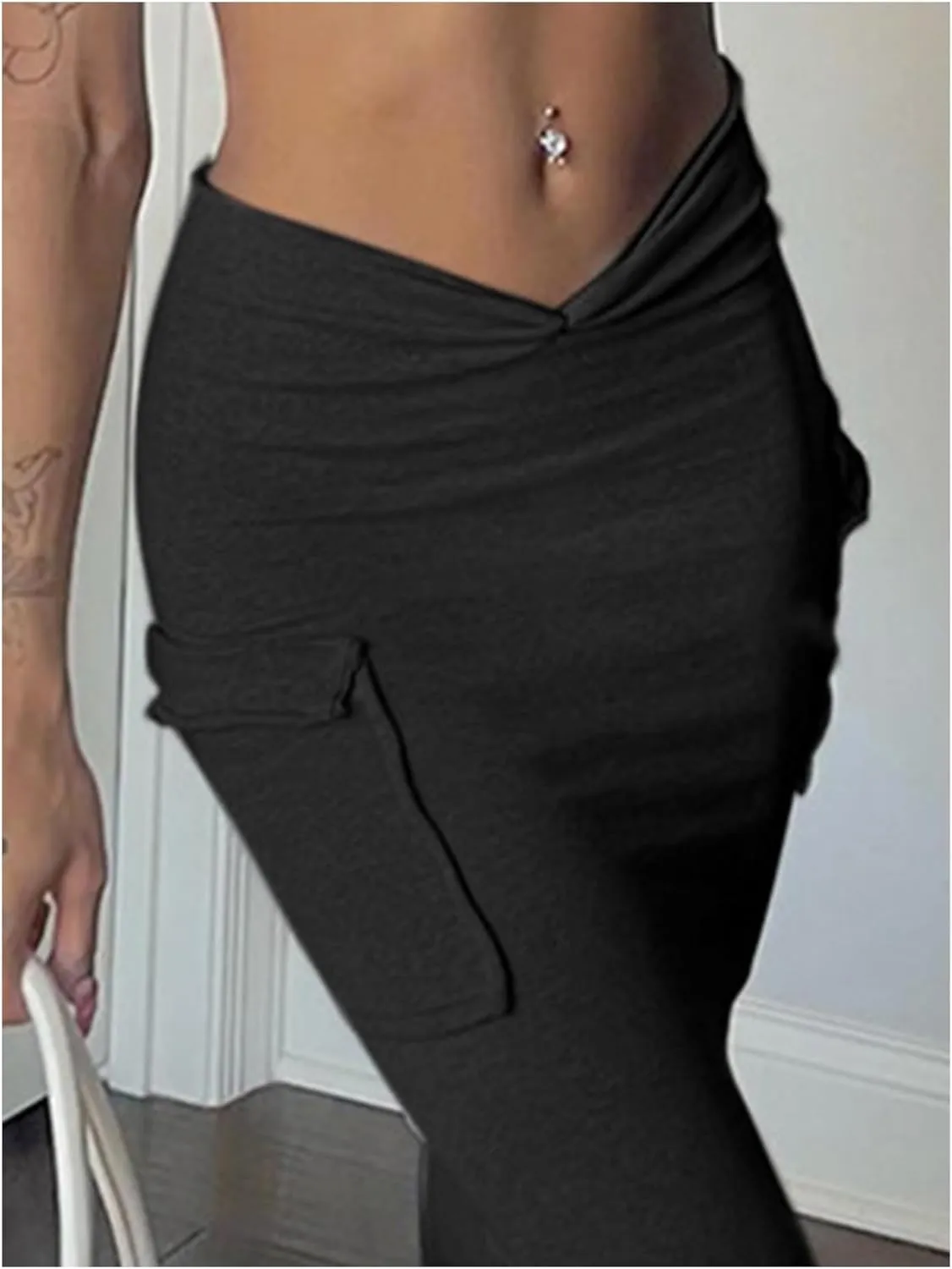 SEMATOMALA Women's Ruched Waist Maxi Skirt High Waist Side Pocket Slim Fitted Split Bodycon Y2K Cargo Pencil Long Skirt