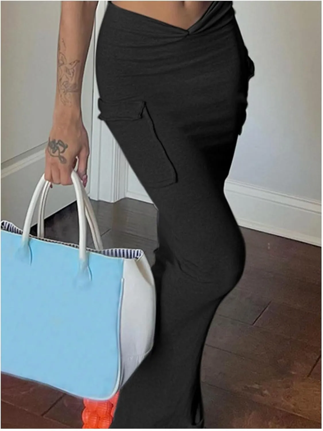 SEMATOMALA Women's Ruched Waist Maxi Skirt High Waist Side Pocket Slim Fitted Split Bodycon Y2K Cargo Pencil Long Skirt