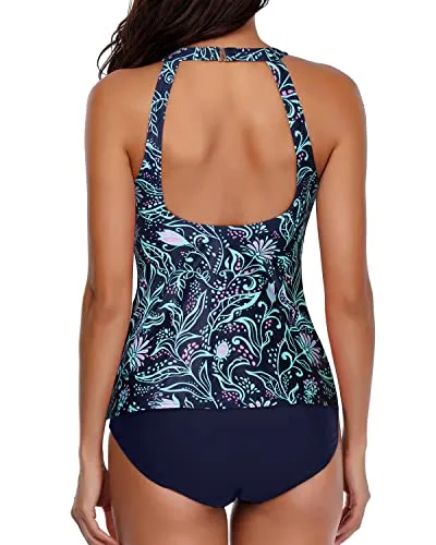 Sexy Backless Tankini Bathing Suit Two Piece Set For Women-Blue Floral