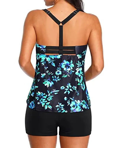 Sporty Tankini Swimsuit With Boyleg Shorts-Black Blue Floral