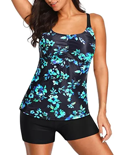 Sporty Tankini Swimsuit With Boyleg Shorts-Black Blue Floral
