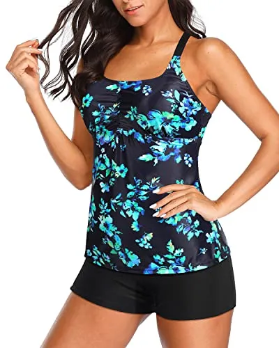 Sporty Tankini Swimsuit With Boyleg Shorts-Black Blue Floral