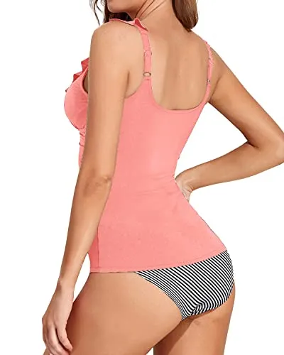 Summer Water Park Swim Pool Two Piece Tankini Sets For Women-Coral Pink Stripe