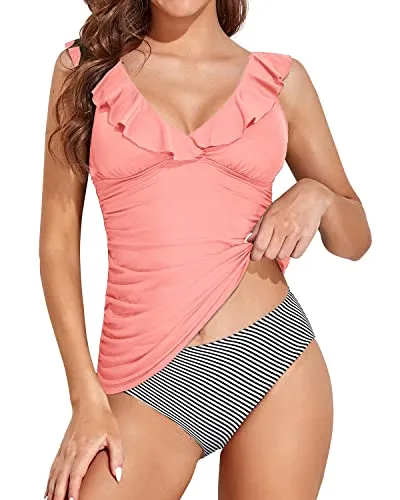 Summer Water Park Swim Pool Two Piece Tankini Sets For Women-Coral Pink Stripe