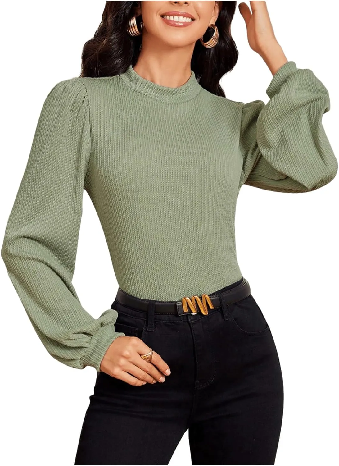 SweatyRocks Women's Mock Turtle Neck Bishop Sleeve Slim fit T Shirt Tops Bodysuit Jumpsuit
