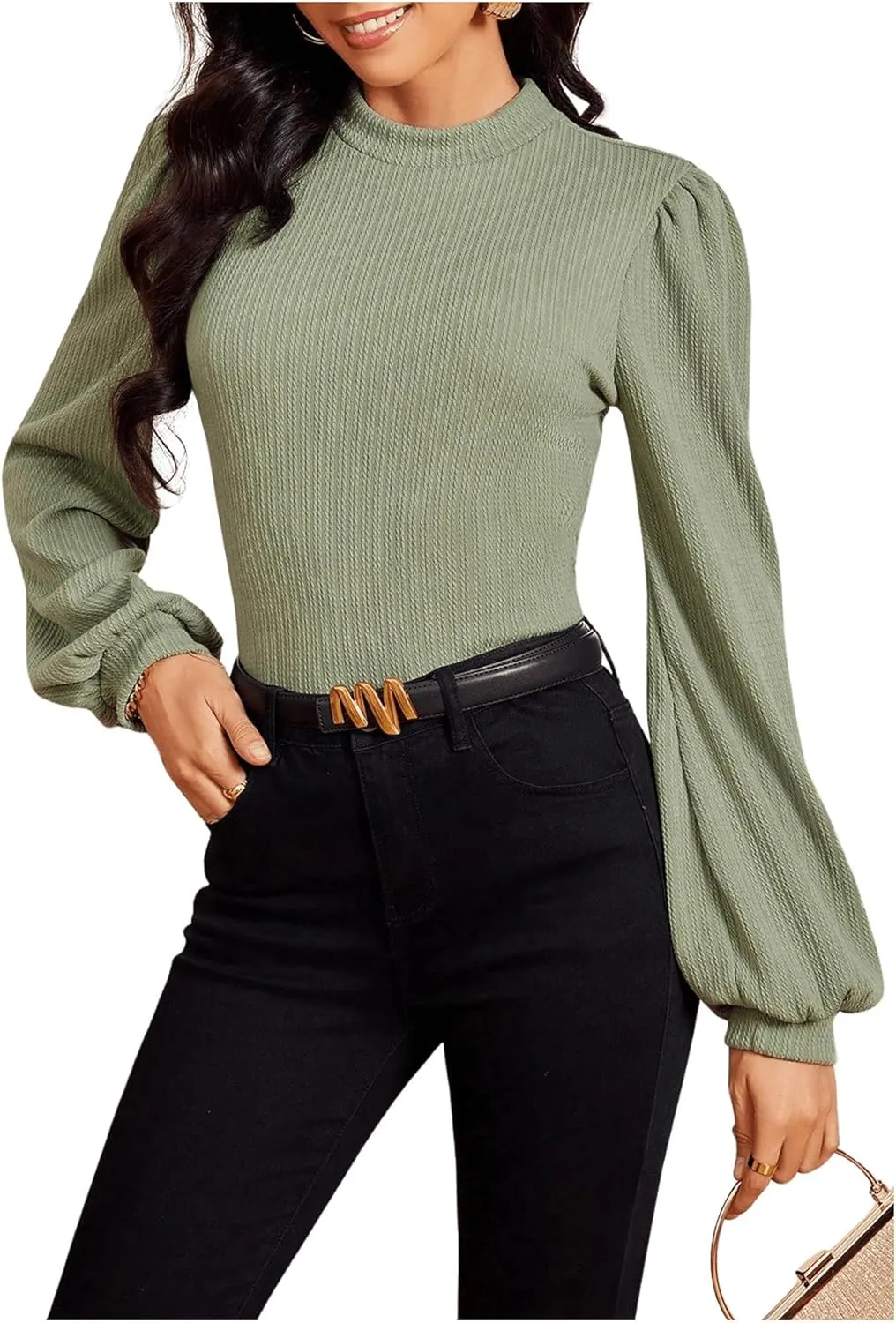 SweatyRocks Women's Mock Turtle Neck Bishop Sleeve Slim fit T Shirt Tops Bodysuit Jumpsuit