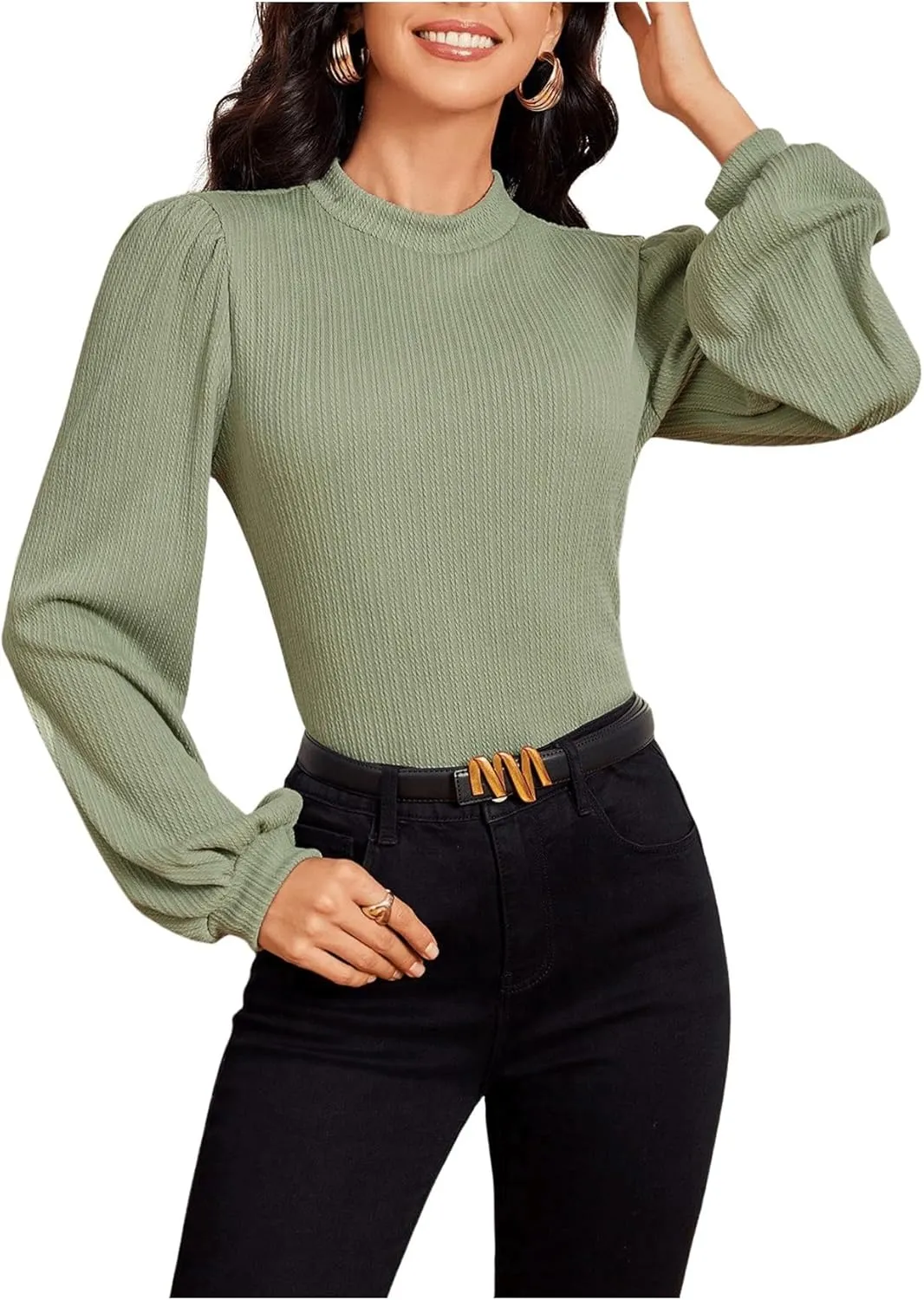 SweatyRocks Women's Mock Turtle Neck Bishop Sleeve Slim fit T Shirt Tops Bodysuit Jumpsuit