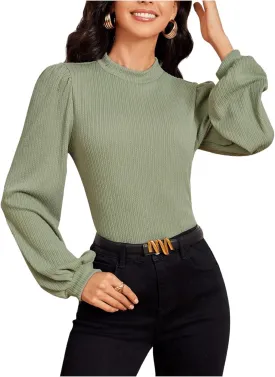 SweatyRocks Women's Mock Turtle Neck Bishop Sleeve Slim fit T Shirt Tops Bodysuit Jumpsuit