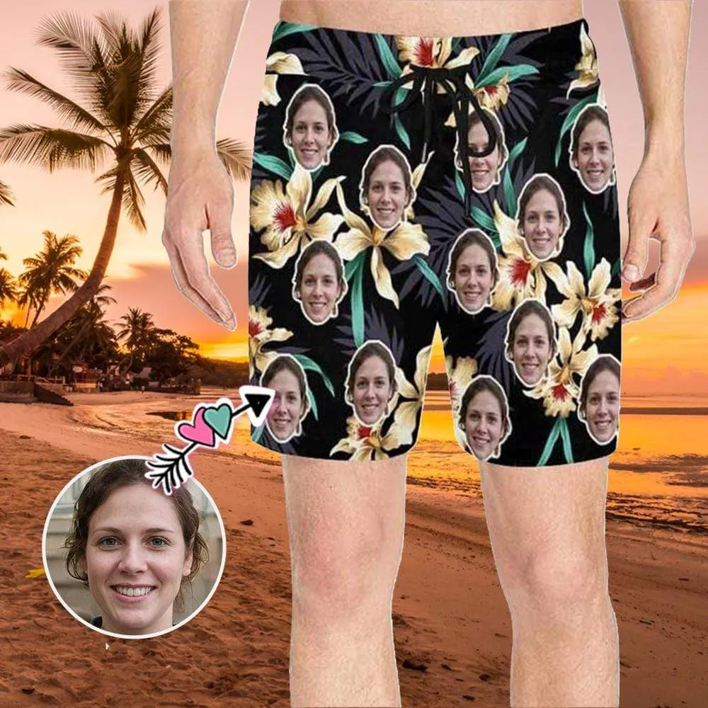 Swim Trunks with Face on Them Custom Flowers Men's Quick Dry Swim Shorts with Girlfriend's Photo
